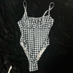 One piece bathing suit. Checkered grey and white and blue. size medium